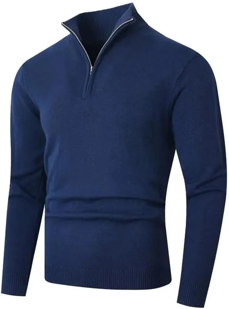 Мужской зимний вязаный пуловер Slim Fit с полузастежкой-молнией и стойкой — фото 2