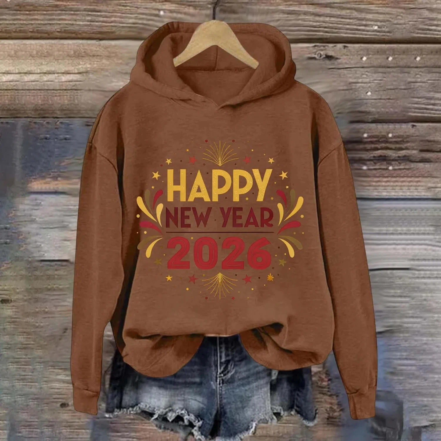 Женский худи с принтом Happy New Year 2026, оверсайз, коричневый — фото 4