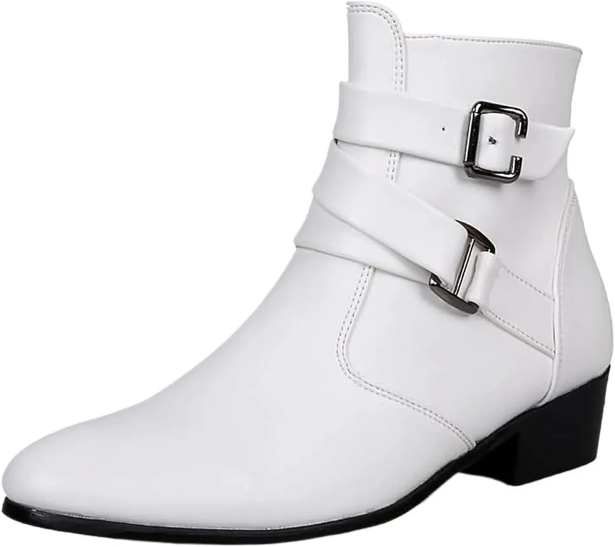 

Мужские кожаные челси с заостренным носком, застежкой-пряжкой, боковой молнией, массивным низким каблуком, вестерн-стиль, формальные ботинки, ботинки до щиколотки Generic, белый
