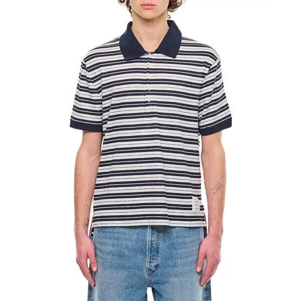 

Футболка linen striped polo Thom Browne, синий