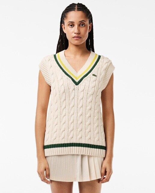 

Жилет косой вязки с V-образным вырезом и контрастной окантовкой Lacoste, белый