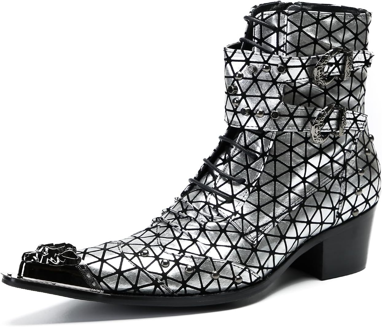 

Мужские повседневные вестерн-ботинки Santimon Mens - Средние ботинки из натуральной кожи с бусинами и металлическим носком «крыло» для выпускного, балла или дискотеки, серебро