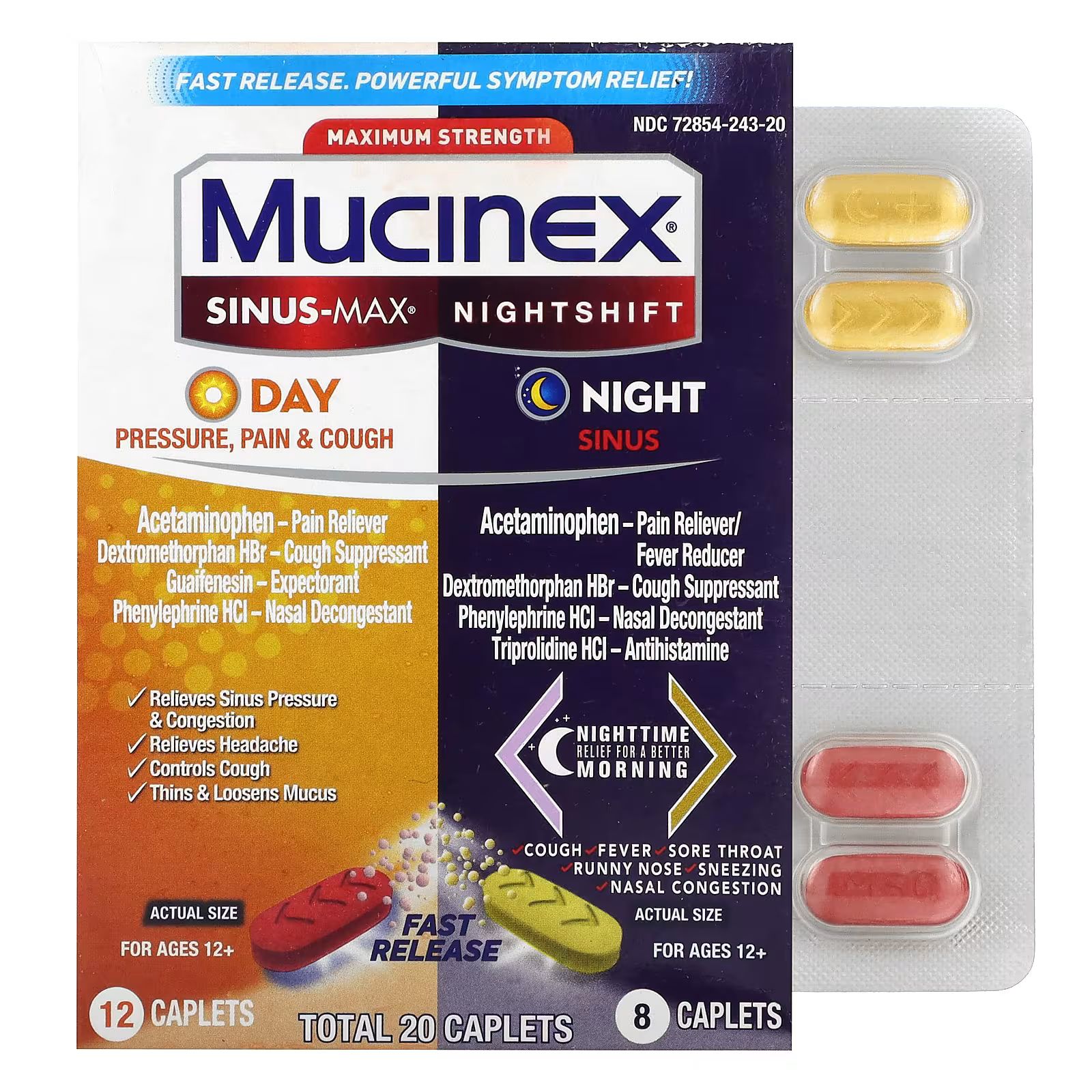 

Sinus-Max Day and Nightshift Night Sinus, максимальная сила, для детей от 12 лет, 2 флакона, 20 капсул Mucinex