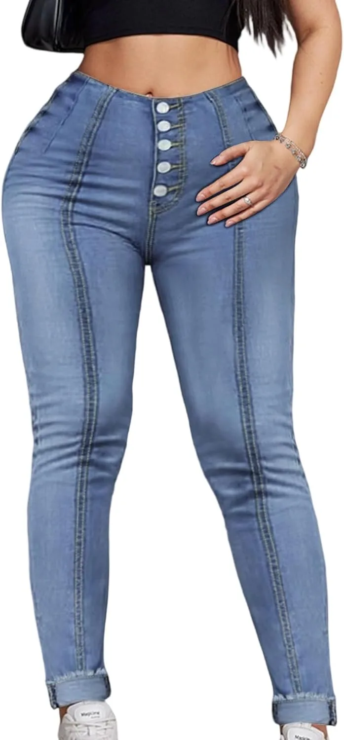 

Плюс сайз джинсы скинни с высокой талией для женщин, стрейч деним, светлый синий, кёрви фит QERINTE