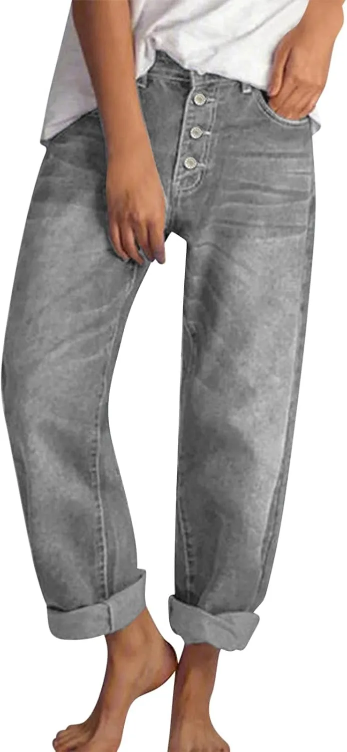 

FZYLQY женские мешковатые джинсы на щиколотке casual прямые брюки на пуговицах boyfriend джинсы укороченные милые деним штаны