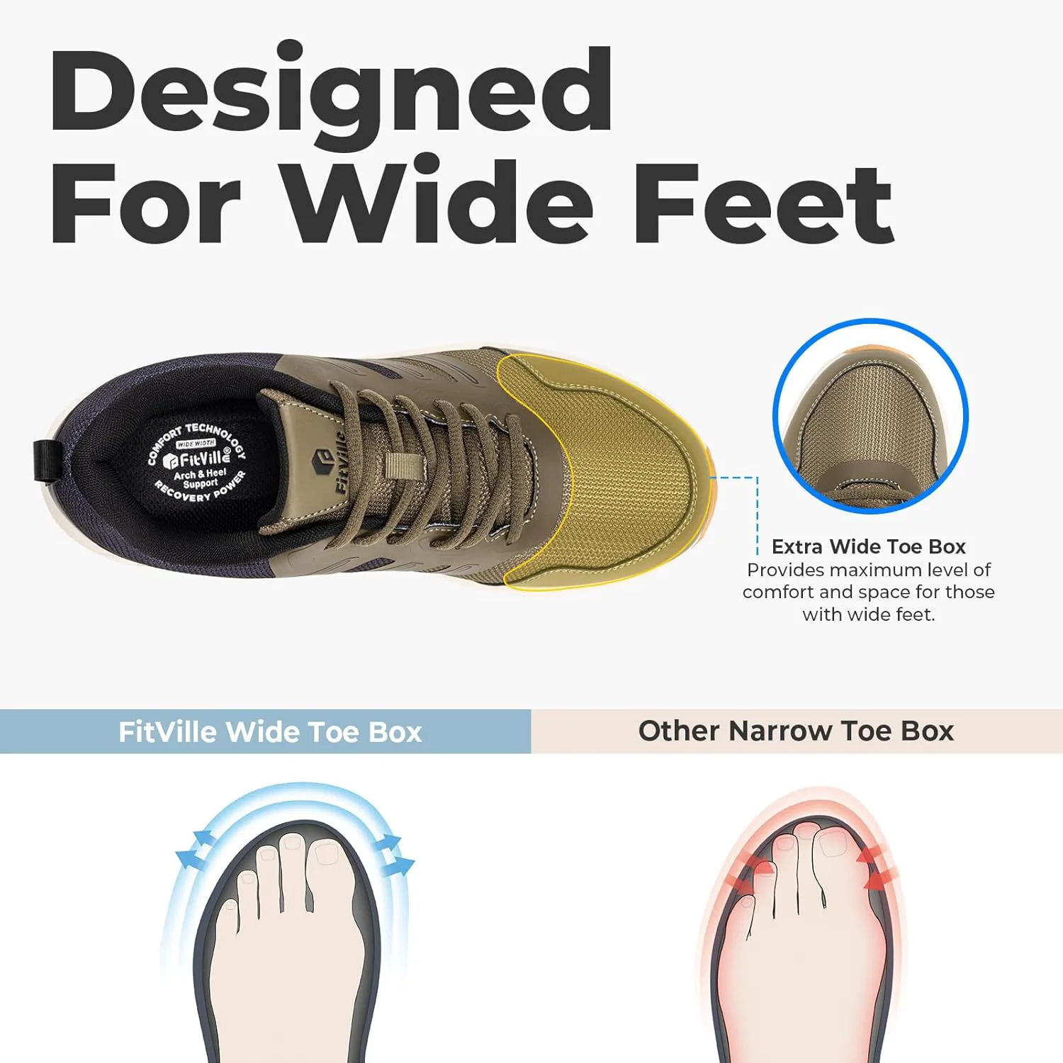 Кроссовки FitVille Extra Wide для мужчин с широкой носочной частью, легкие кроссовки для трейл-раннинга для мужчин с диабетом, плоскостопием, болями в пятке и для облегчения плантарного фасциита, коричневый/черный — фото 4