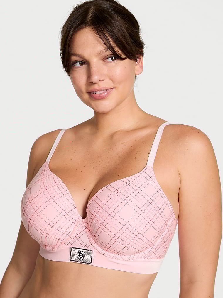 

Бюстгальтер с блестящей вставкой из бархата, с легкой подкладкой, закрывающий все тело The T-Shirt, shine patch pink plaid