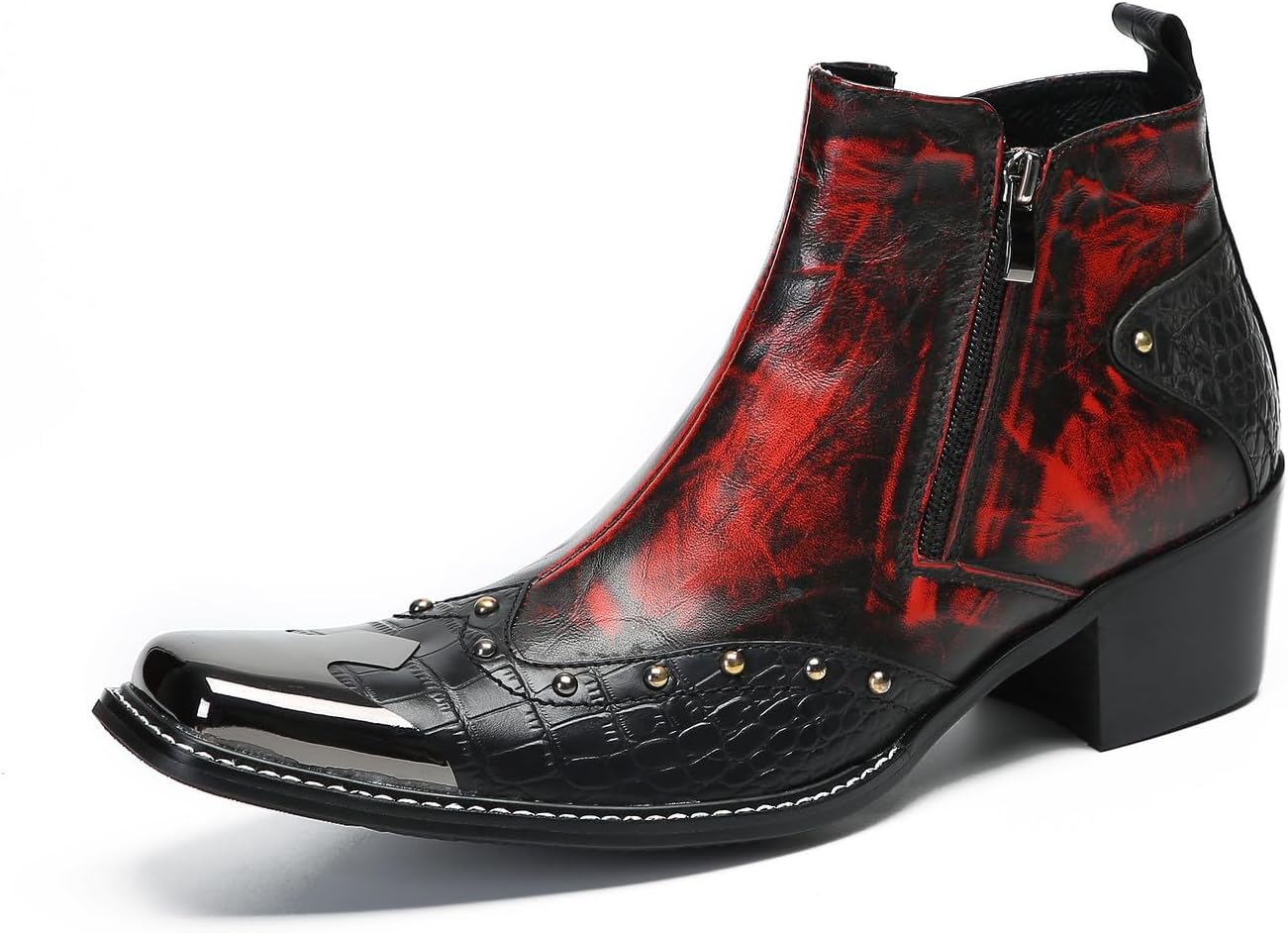 

Мужские повседневные ботинки Chelsea Santimon - настоящая кожа, западные ботинки до щиколотки с металлическим квадратным носком и украшенной молнией для бальных танцев, баров, диско и вечеринок, красный