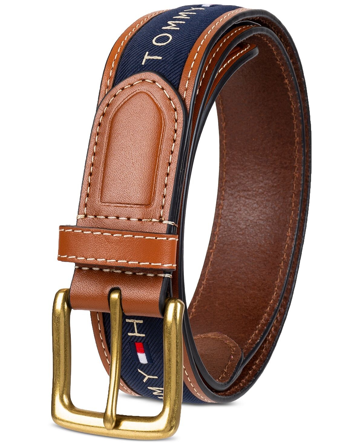 Мужской кожаный ремень с трехцветной лентой и инкрустацией Tommy Hilfiger — фото 2
