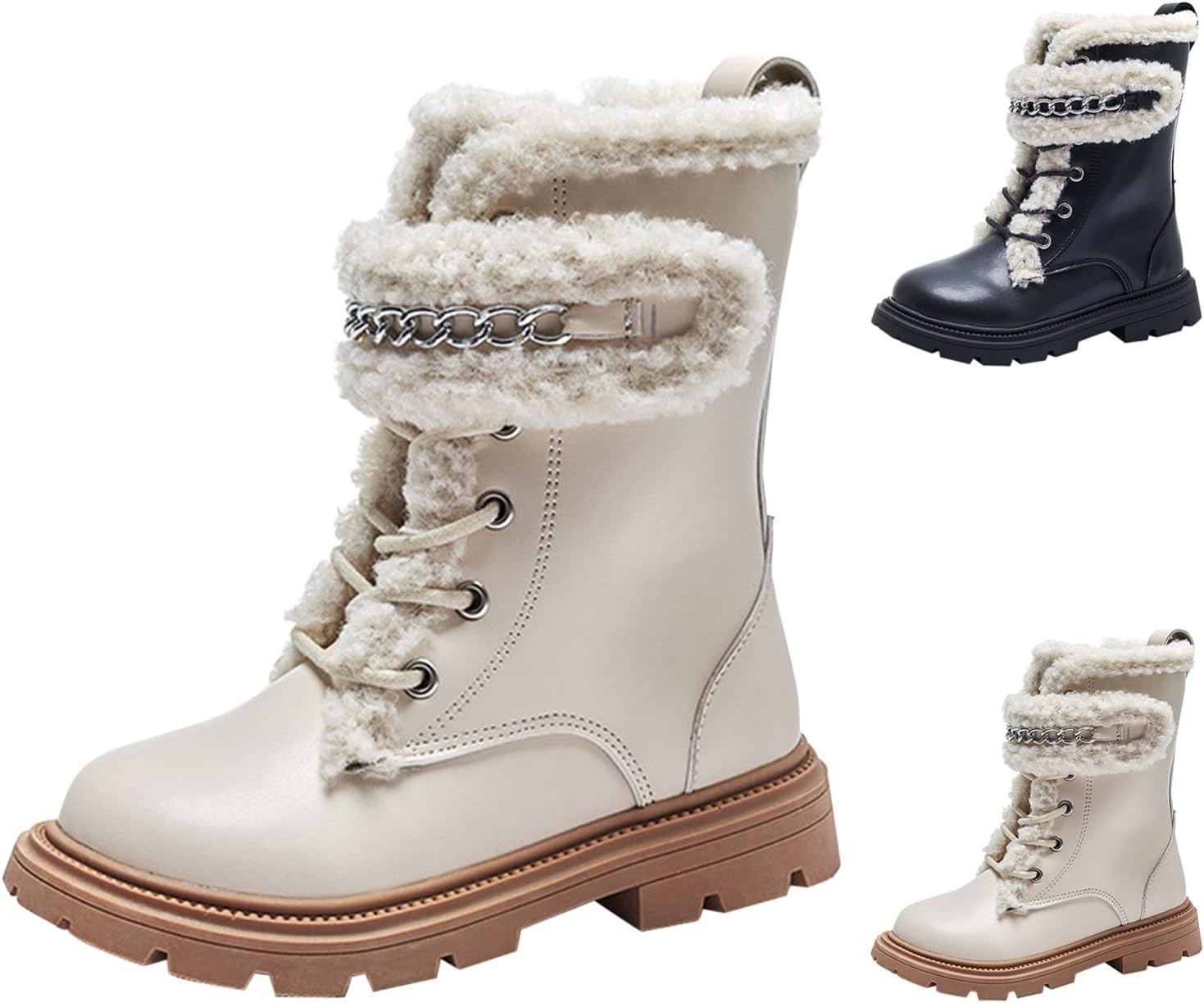 

Детские ботинки для девочек с боковой молнией и шнуровкой, из искусственного меха, водонепроницаемые, кожаные, с мягкой подкладкой, для верховой езды и походов Generic, Beige