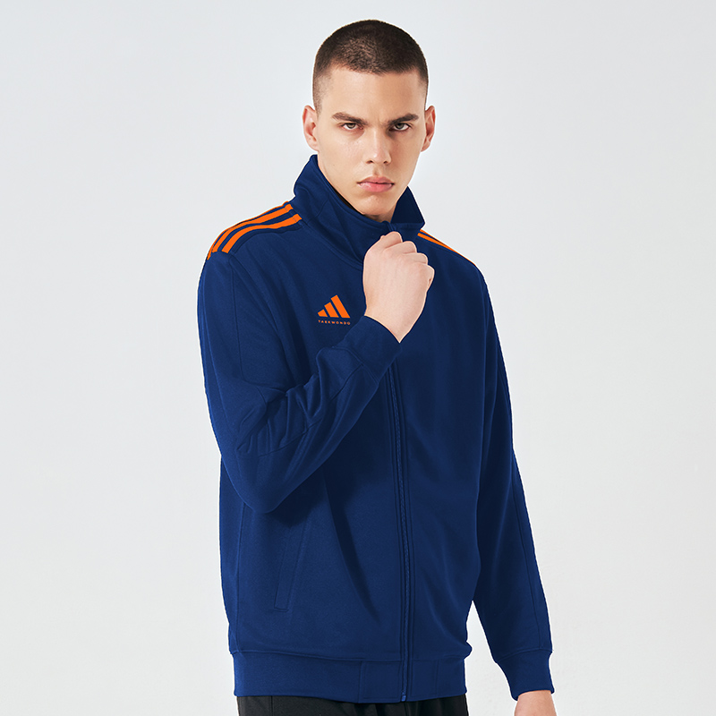 Футболка для тхэквондо Unisex синий фон с оранжевыми полосками Adidas, синяя основа оранжевые полосы — фото 4