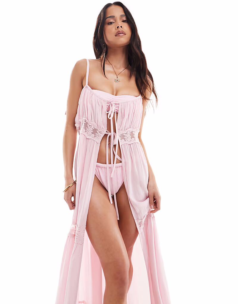

Пляжное длинное платье Miss Selfridge с кружевной отделкой и завязками спереди нежно-розового цвета