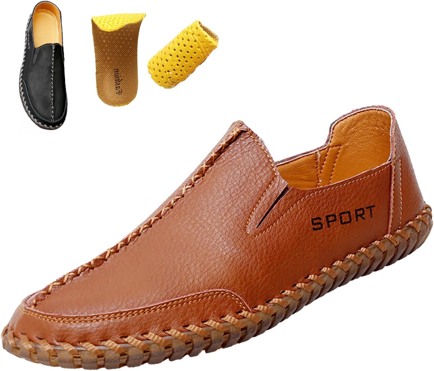 

Мужские кожаные повседневные туфли без шнурков, удобная ручная строчка, нескользящая мягкая подошва, кроссовки для вождения и ходьбы Moyowei, коричневый