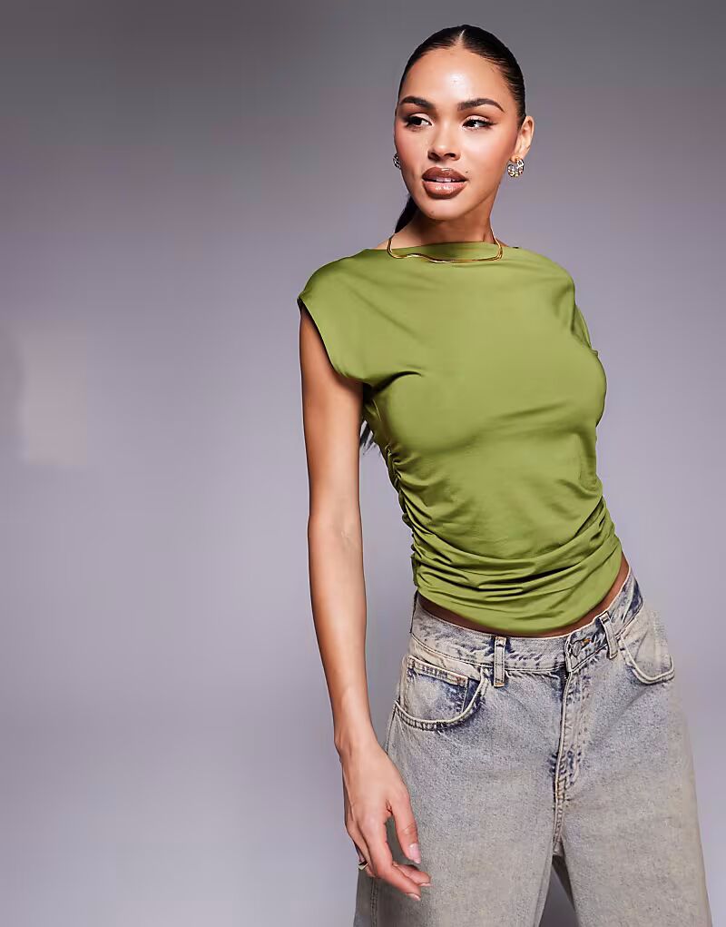 

Двухслойный облегающий топ цвета хаки с присборенными боками от ASOS DESIGN
