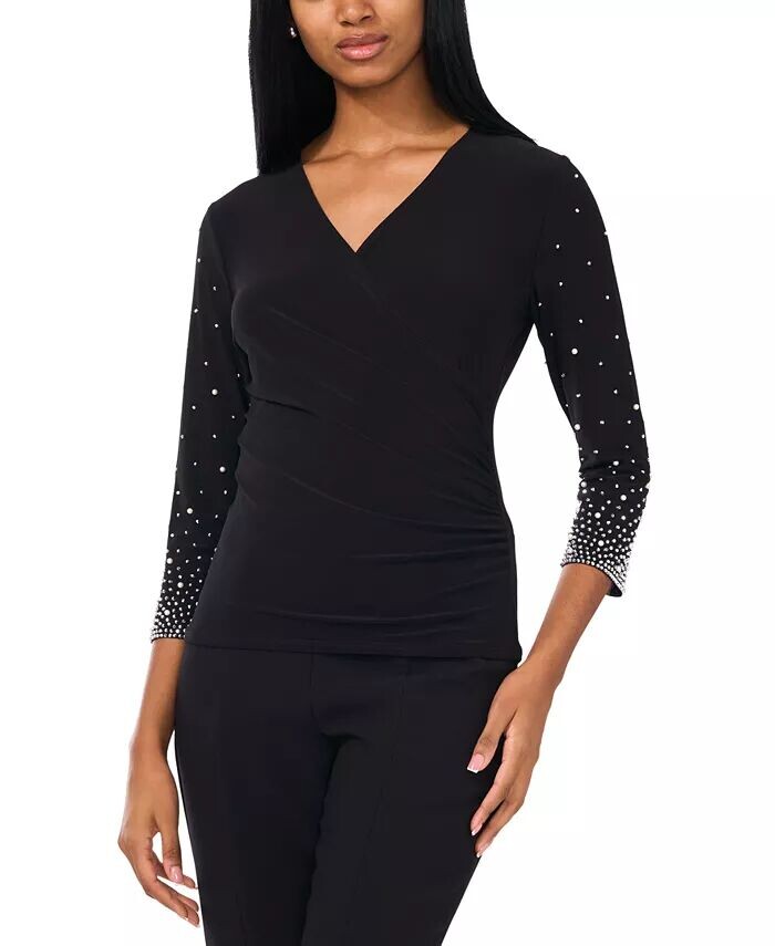 

Топ Petite Surplice-Neck с бисером и рукавами 3/4 с имитацией запаха MSK, черный
