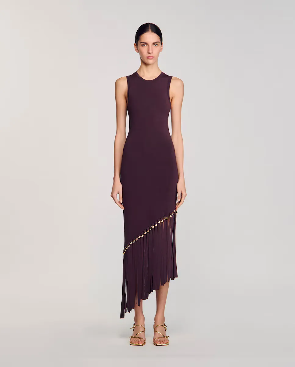 

Асимметричное платье с бахромой и бисером Sandro, коричневый