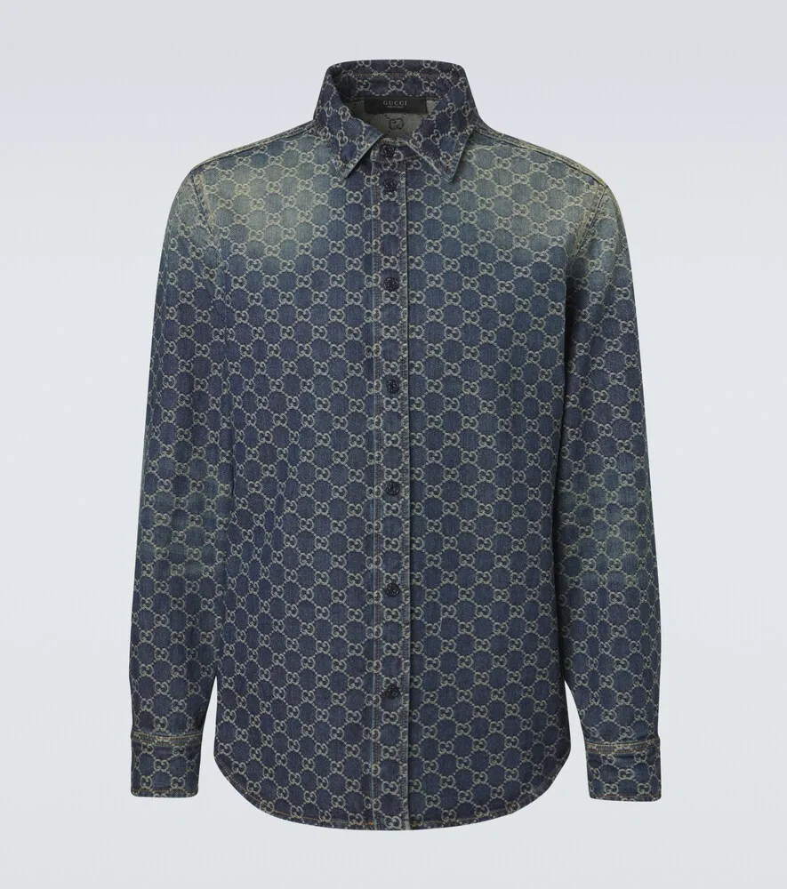 Рубашка Gucci из жаккардовой джинсовой ткани, классический воротник, синий