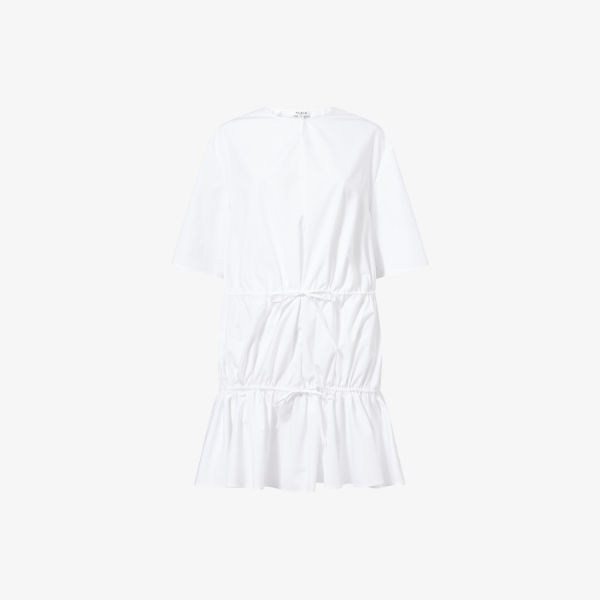 

Мини-платье из хлопка с короткими рукавами и рюшами Alaia, цвет blanc