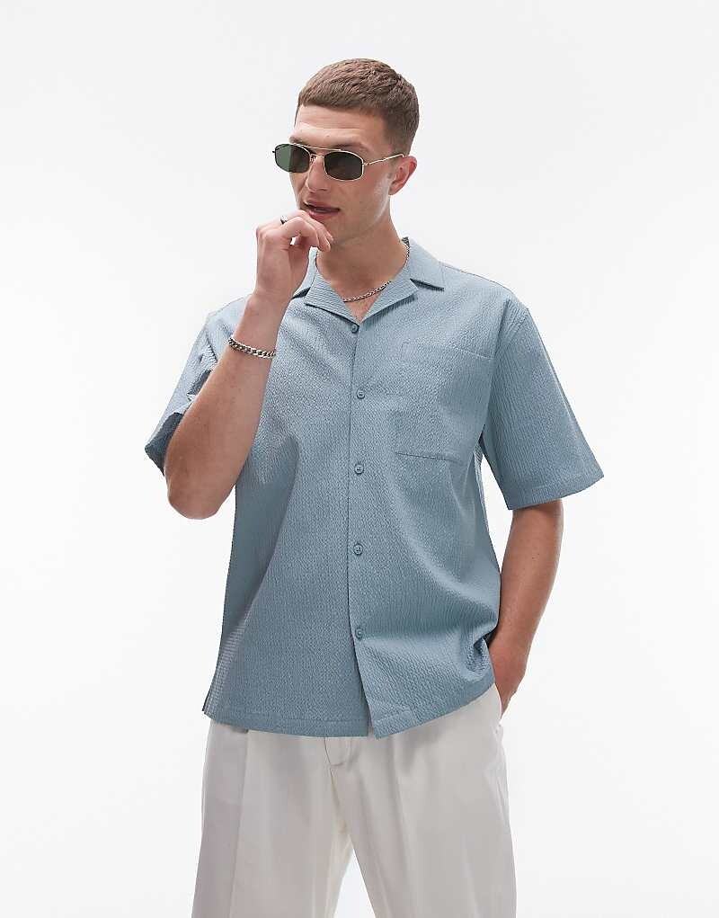 

Синяя рубашка свободного кроя из жатого хлопка Topman – с короткими рукавами