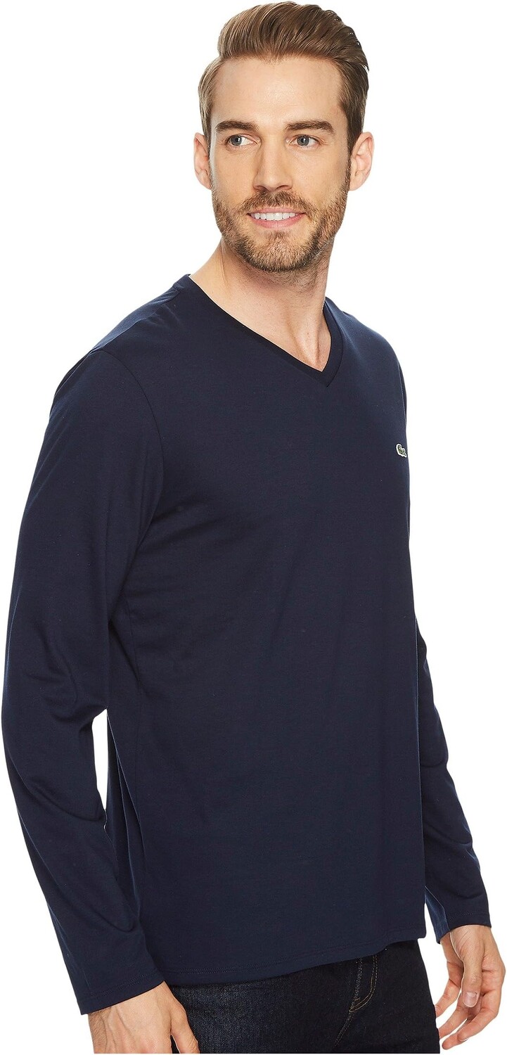 Футболка из джерси Pima с длинным рукавом и V-образным вырезом Lacoste, темно-синий — фото 4