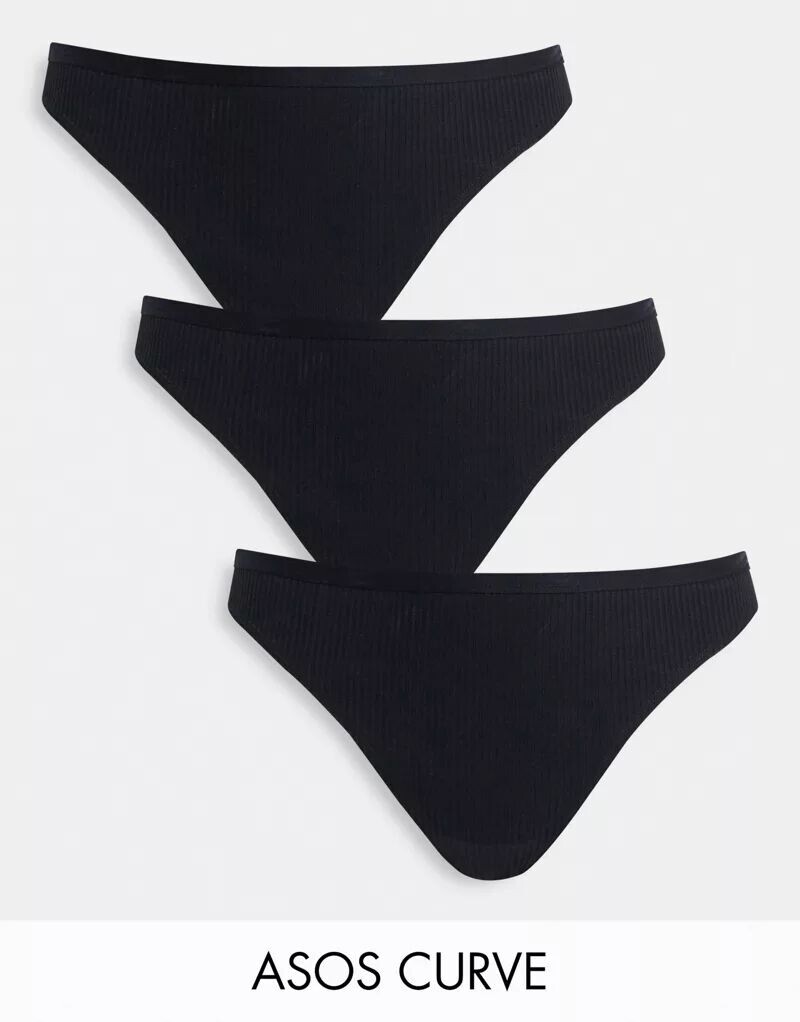 

Набор из трех черных стрингов в рубчик ASOS DESIGN Curve