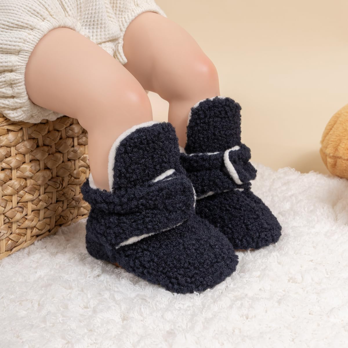 HsdsBebe Унисекс Новорожденные Детские Хлопковые Пинетки с Нескользящей Подошвой для Малышей Мальчиков и Девочек Зимние Теплые Флисовые Носочки-Обувь, 2210/Navy Blue-Rubber Sole — фото 2