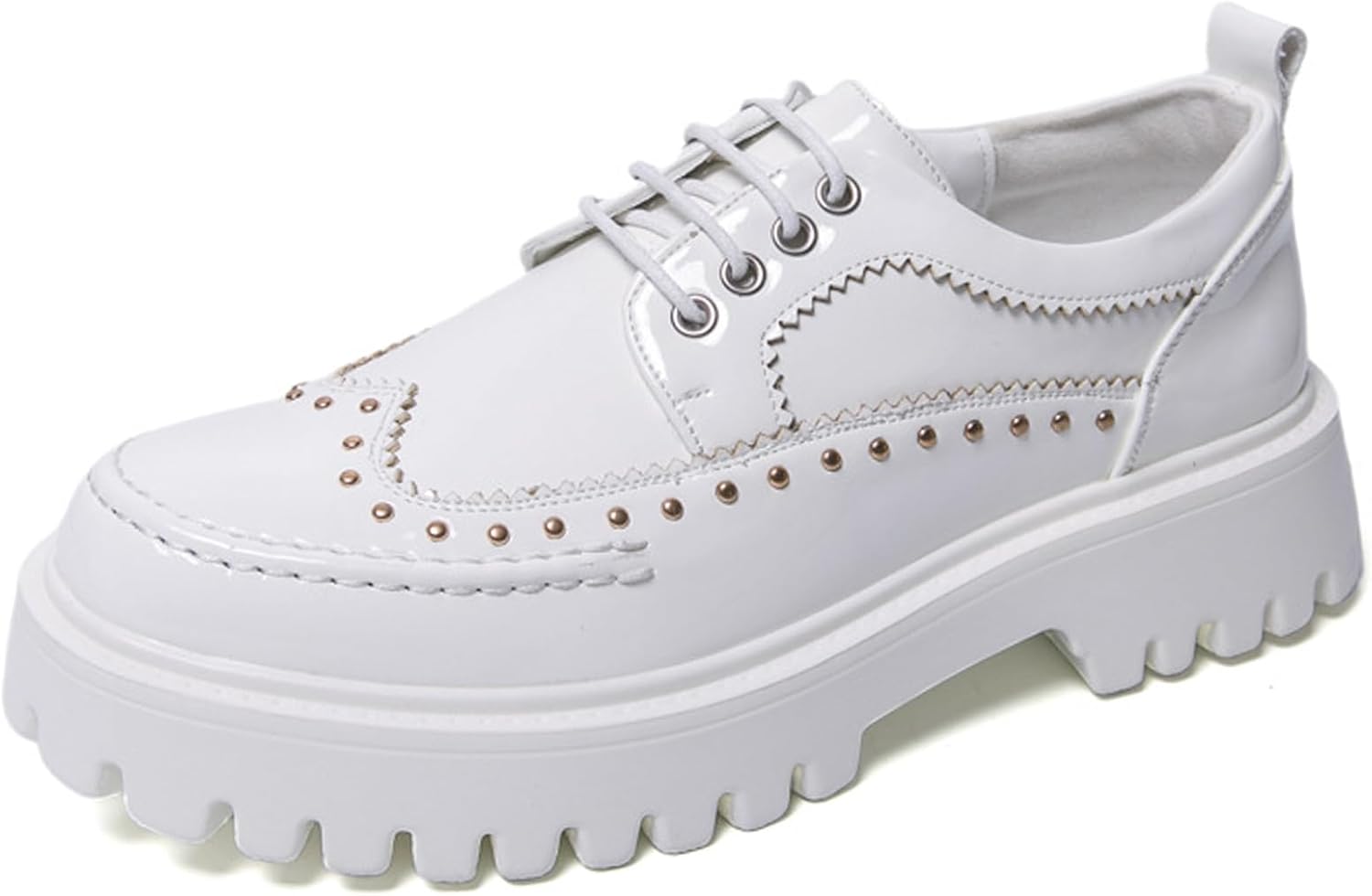 

Мужские туфли оксфорды с крыльями из лакированной кожи на платформе с заклепками, округлый носок, шнуровка, рельефная подошва, броги, удобные деловые и повседневные дерби оксфорды Ptnoka, белый