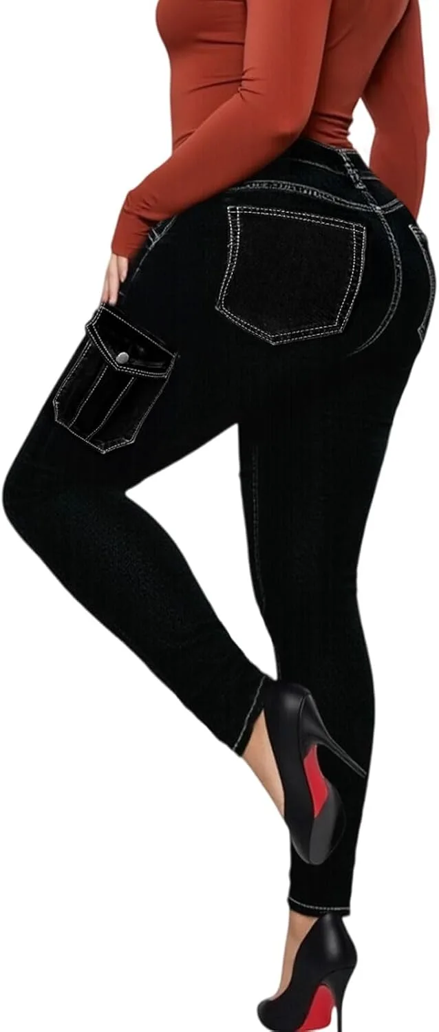 

Скинни джинсы для женщин high waisted plus size черные multi button stretchy QERINTE