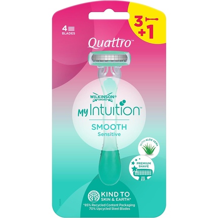 

Wilkinson Sword MyIntuition Smooth Sensitive Quattro Одноразовая бритва для женщин 4 лезвия 2 смазывающих полоски с алоэ вера и витамином Е — упаковка из 3+1