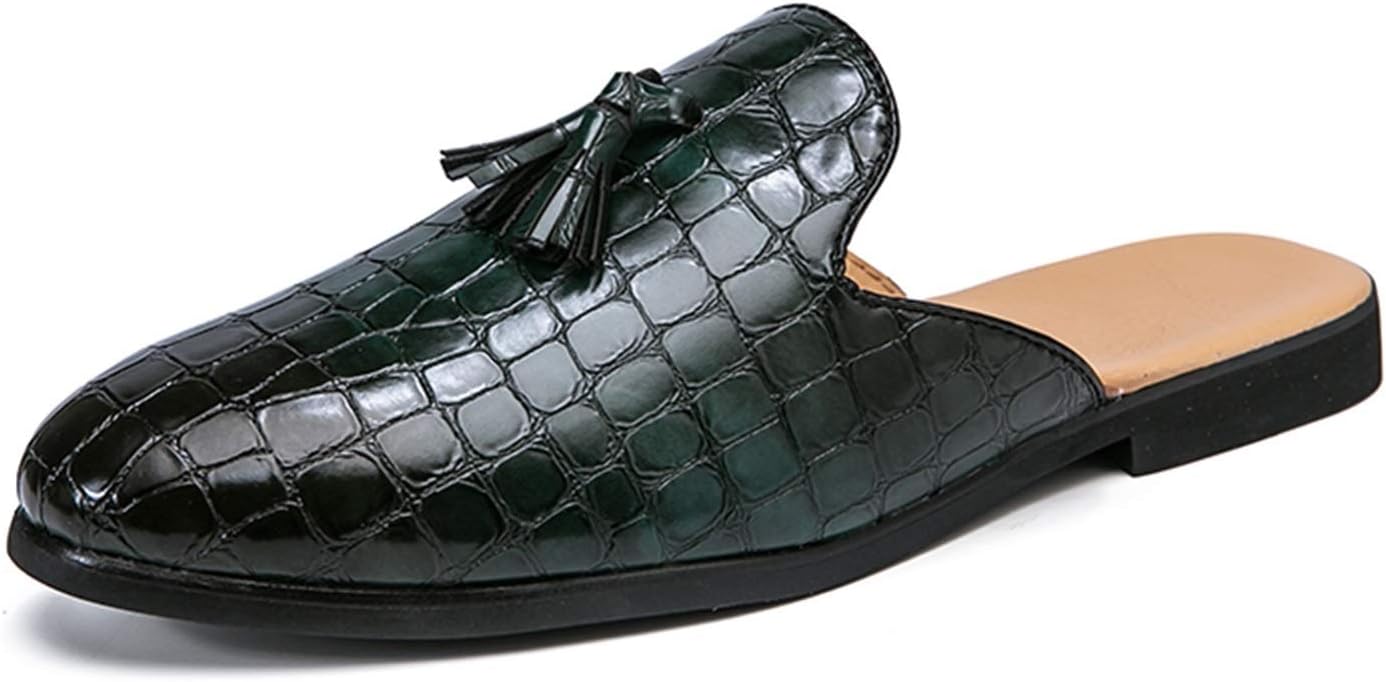 

Мужские сандалии Battle Men Leisure Loafer из веганской кожи с тиснением под крокодила, мюли с круглым носком, без задника, на слипон, с кисточками и строчкой, противоскользящие мягкие тапочки, однотонные, повседневные, зеленый