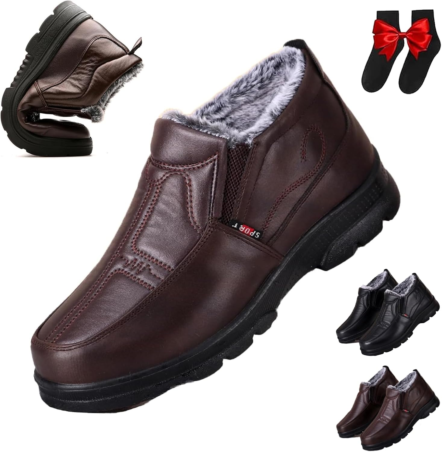 

Мужские зимние теплые водонепроницаемые кожаные ортопедические ботинки, противоскользящие удобные снежные ботинки с легкой обувью без шнурков, водонепроницаемые легкие повседневные лоферы для среднего возраста и пожилых людей Ghtrhsb, коричневый