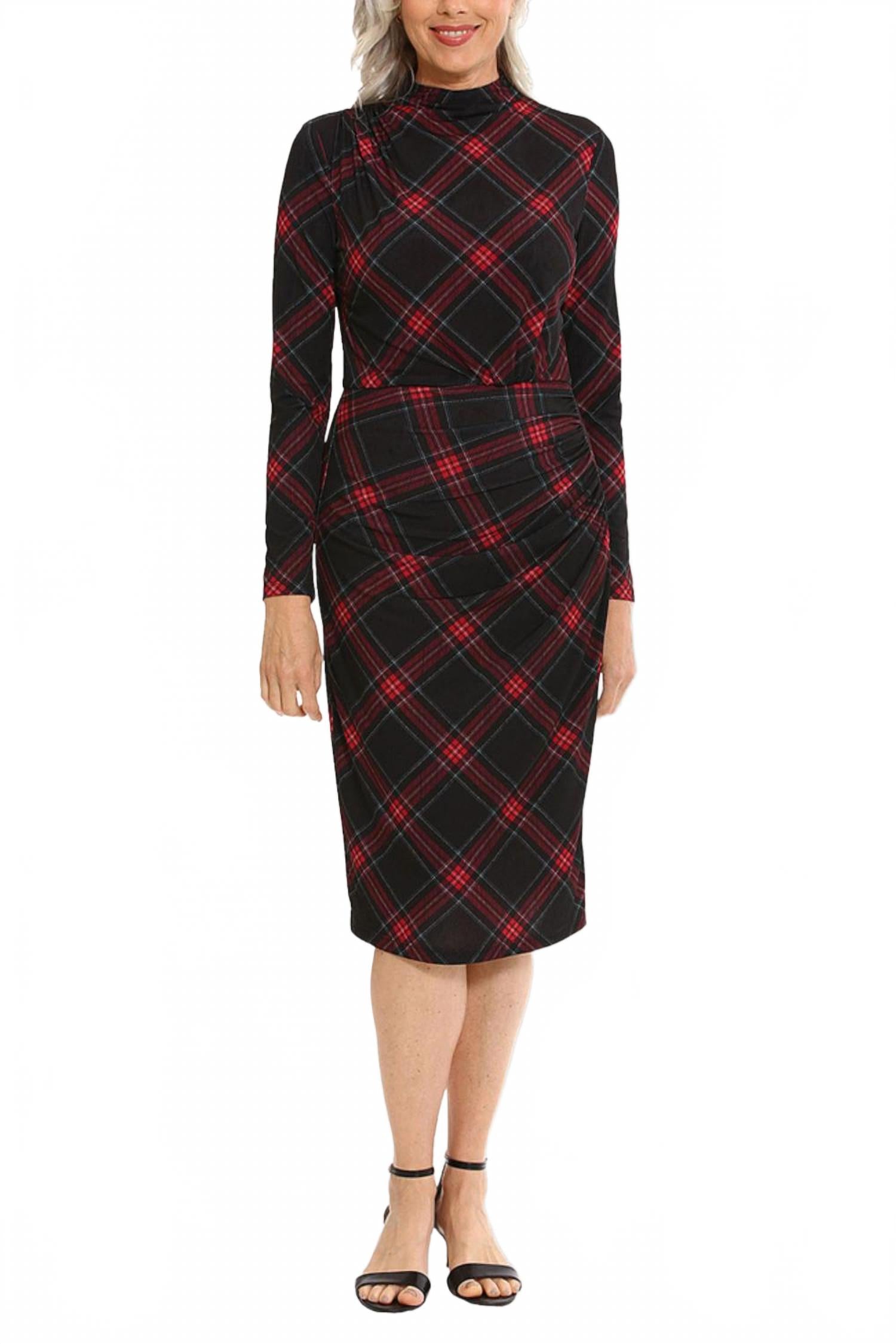 

Черно-красное плиссированное платье миди с высоким воротником Clover and Sloane