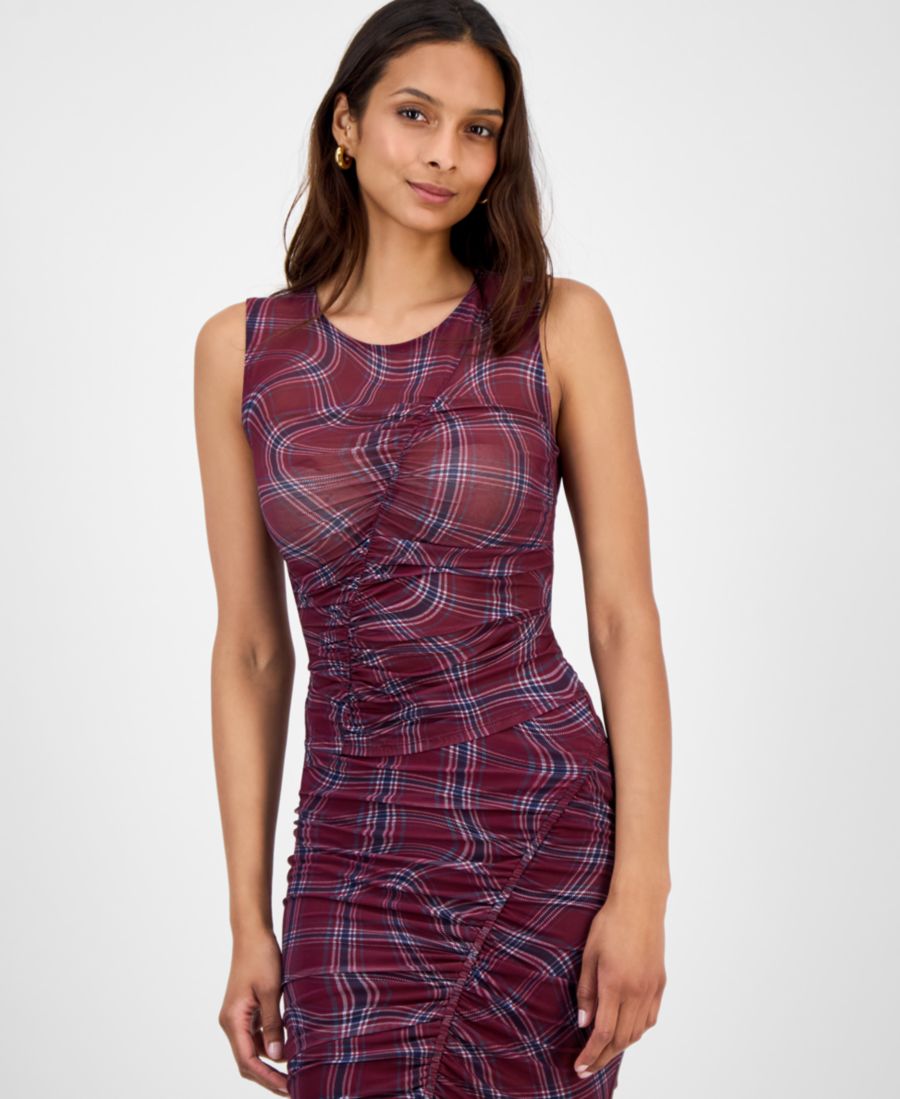 

Женская клетчатая сетчатая майка с присборенной талией, эксклюзивно для Macy's Bar III, Dried Berry