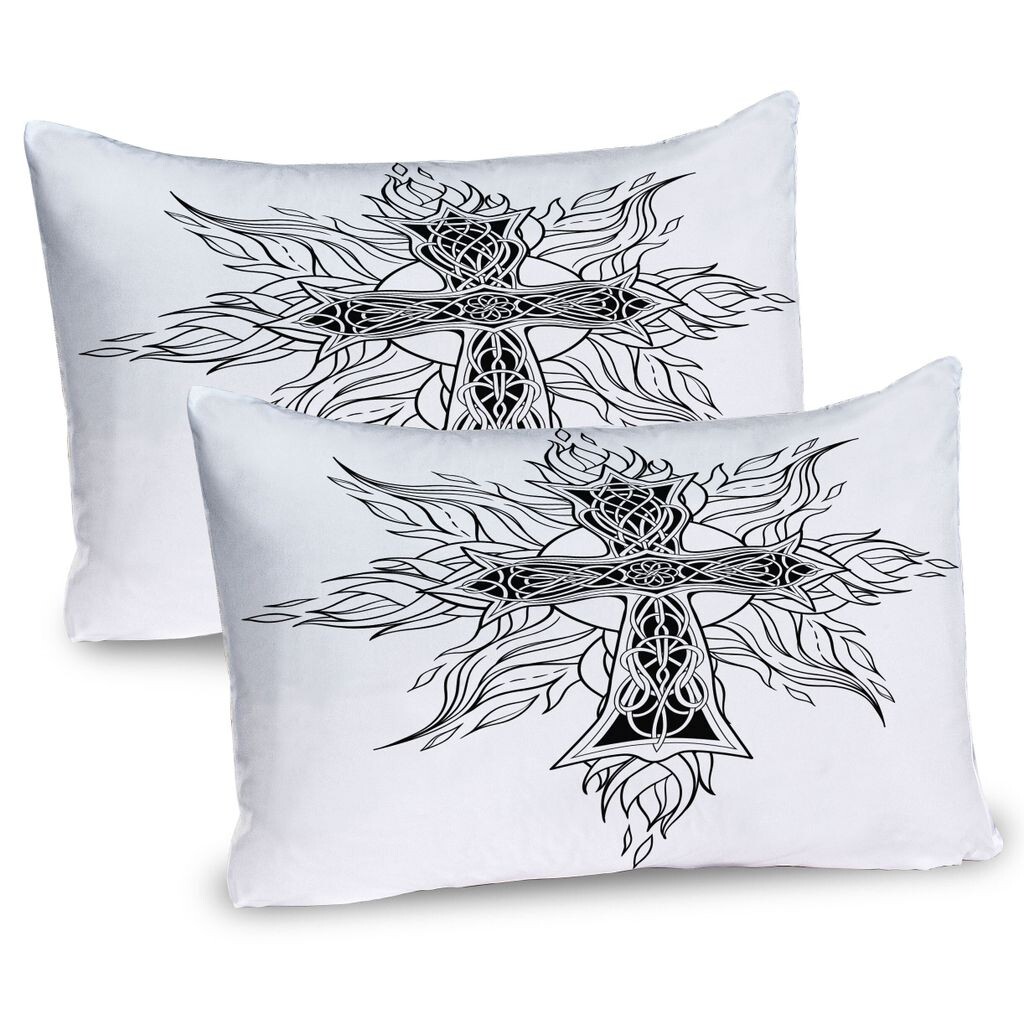 

ABAKUHAUS Кельтские чехлы для подушек, набор из 2 шт., готический крест с изображением креста в кельтском стиле, традиционный узор «Пламя огня», чехол для подушки с декоративным принтом, 80 x 40 см, белый черный