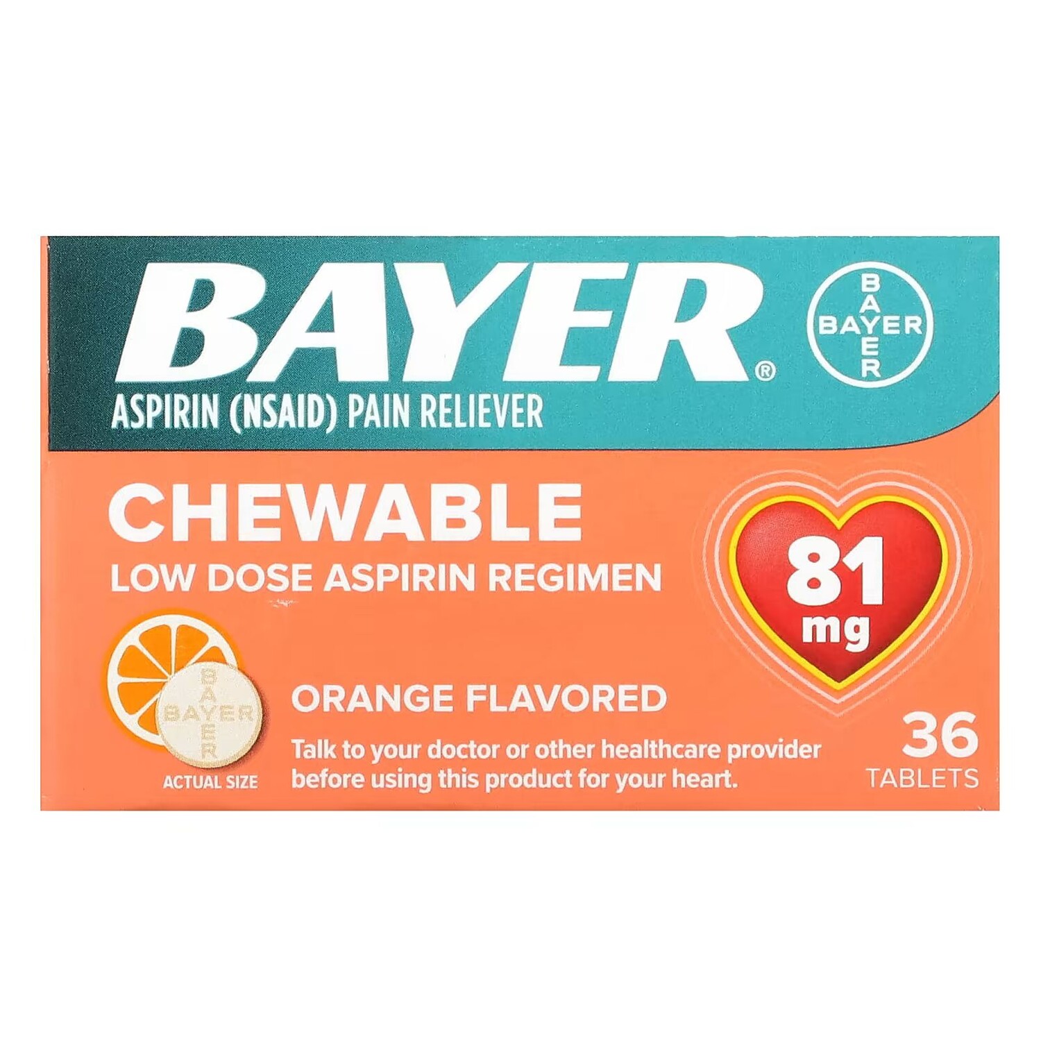 

Жевательные низкие дозы аспирина, апельсин, 81 мг, 36 таблеток Bayer