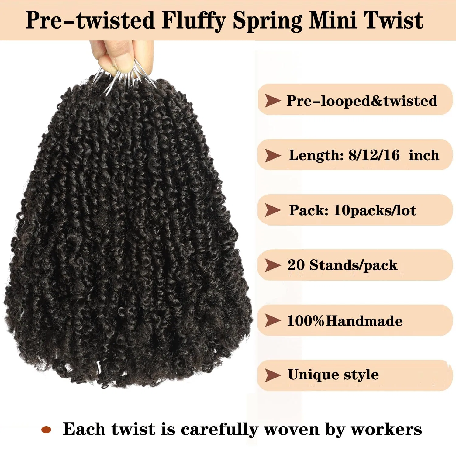 Набор для плетения волос «Pre Twisted Mini Spring Twist Crochet Hair» 8 дюймов, цвет 4# Brown, 10 упаковок от Yanky Falemei, No.4 (Brown) — фото 2