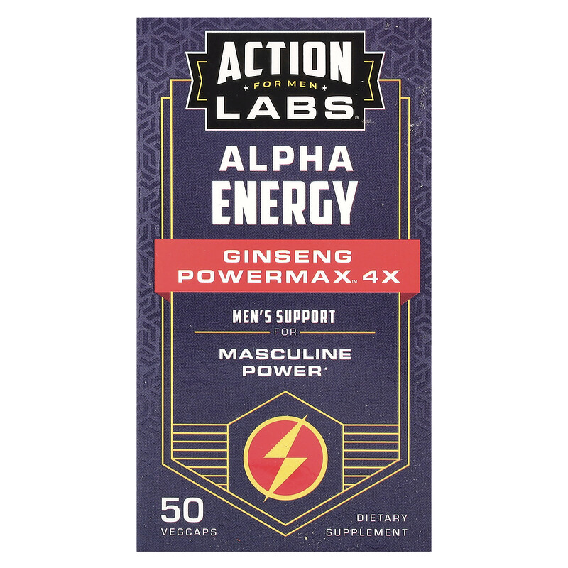 

Action Labs, Для мужчин, Alpha Energy, женьшень Powermax 4x, 50 растительных капсул