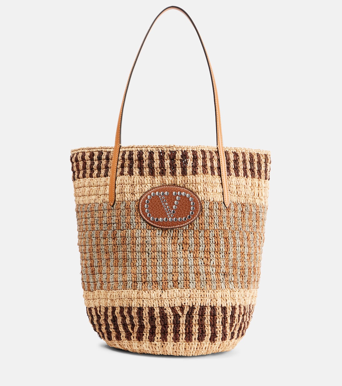 

Плетеная сумка-корзинка из рафии с логотипом VLogo Valentino Garavani, Multi-Beige/Nat Camel/Selleria