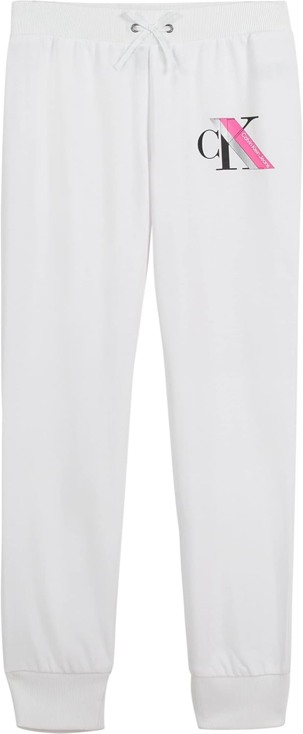 

Мягкие флисовые спортивные брюки Calvin Klein для девочек с логотипом, удобная посадка и эластичный пояс, White Vertical