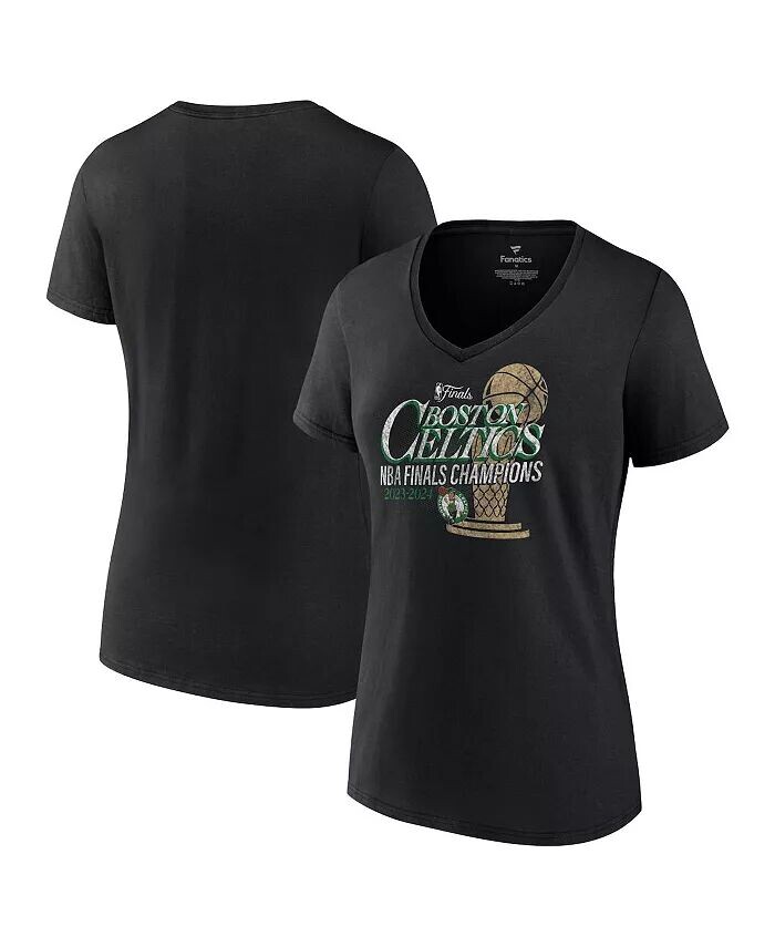 

Женская черная футболка Boston Celtics 2024 NBA Finals Champions Fast Break Finish Trophy с V-образным вырезом Fanatics