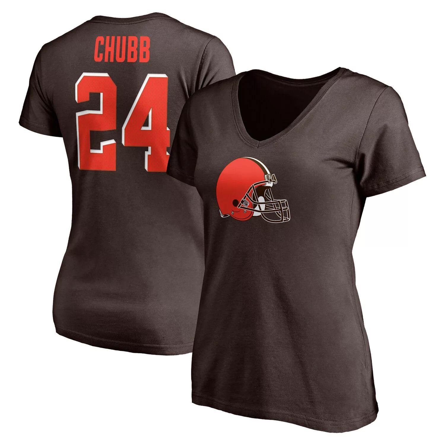 

Женская футболка Fanatics с логотипом Nick Chubb Brown Cleveland Browns, значок игрока, имя и номер, с v-образным вырезом Fanatics