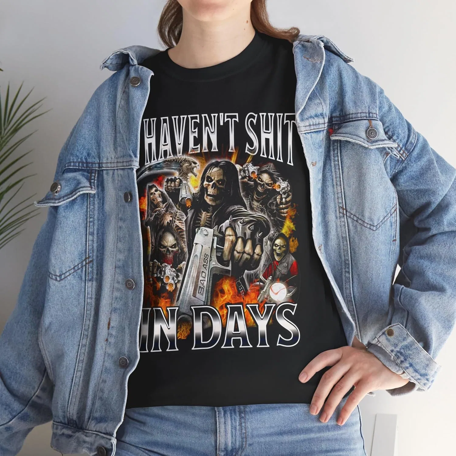 Футболка с принтом I Haven't Shit in Days Cringe Skeleton Meme, плотный хлопок GENERIC, черный — фото 3