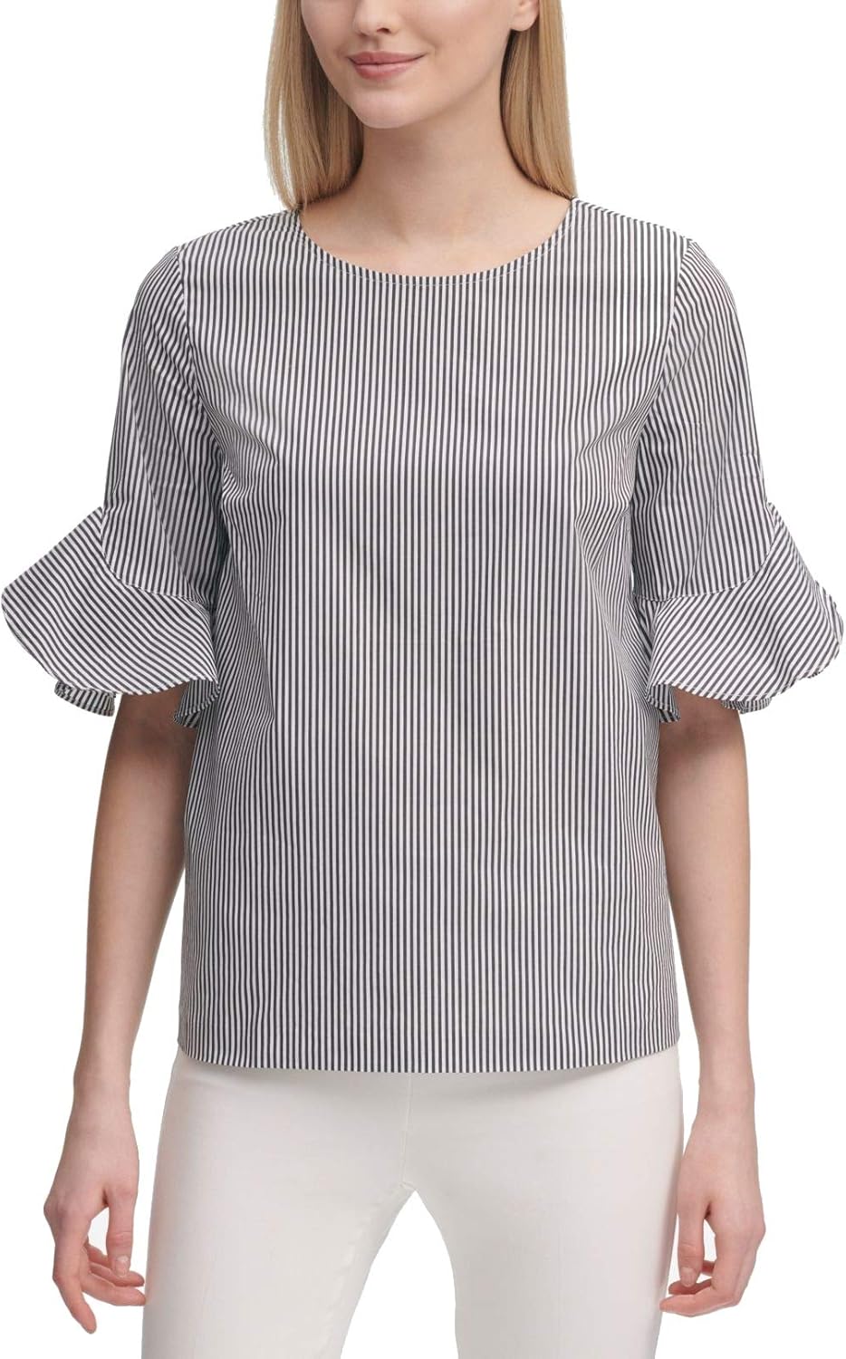 

Женская полосатая блузка Calvin Klein из поплина с рукавами-колокольчиками и оборками, Black Stripe