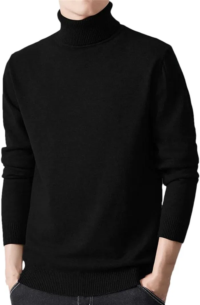 Мужской однотонный водолазный свитер Slim Fit вязаный пуловер однотонный повседневный свитер Generic, черный