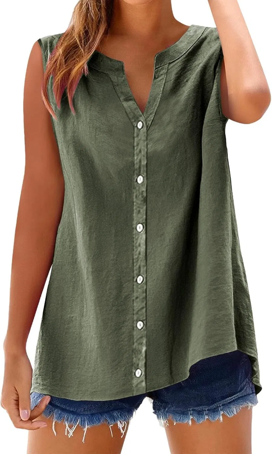 Женский топ-танк свободного кроя, Linen, Army Green