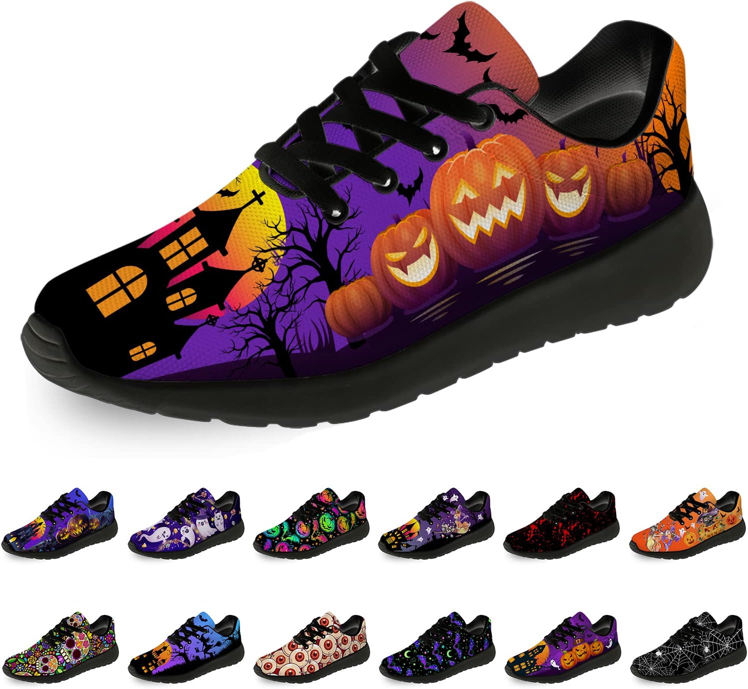 

Кроссовки на Хэллоуин для женщин и мужчин, беговые, для прогулок и тенниса, с изображением тыквы, призрака и летучей мыши, подарки для мальчиков и девочек Horethy, оранжевый/фиолетовый