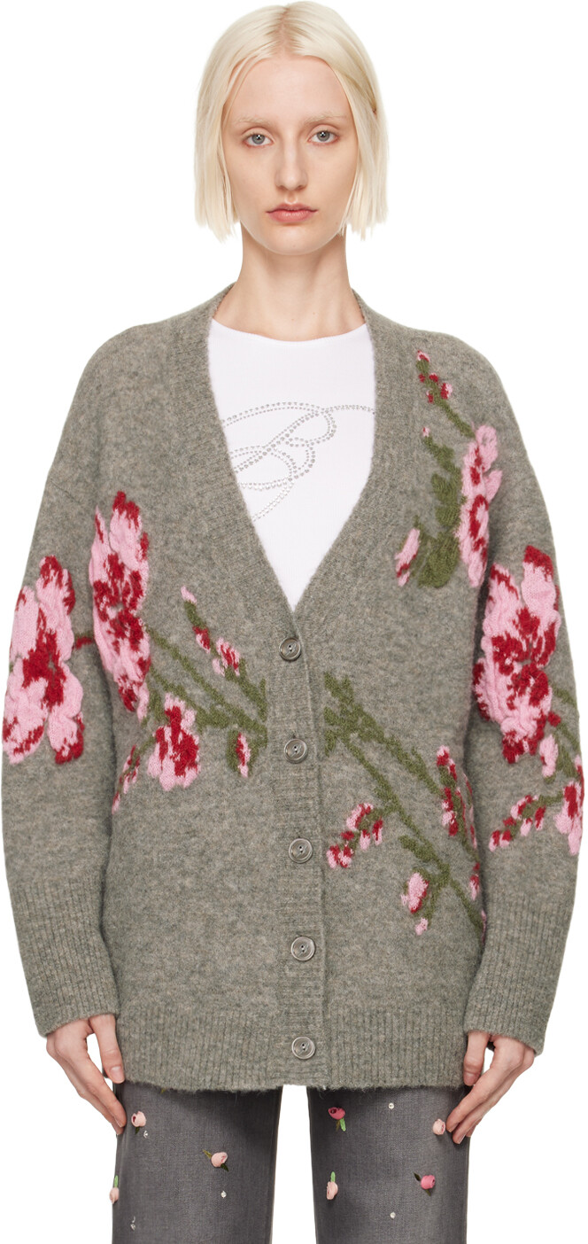 

Серый жаккардовый кардиган с розами Blumarine