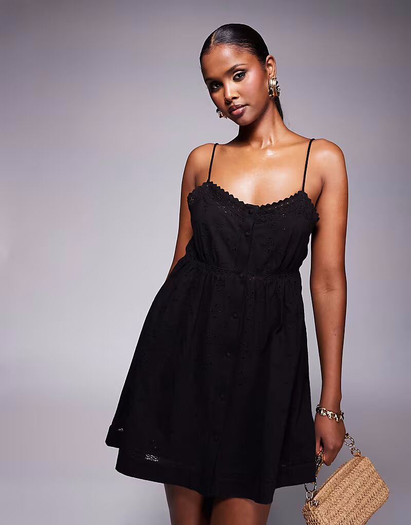 

ASOS DESIGN мини-платье с вышивкой на пуговицах черного цвета