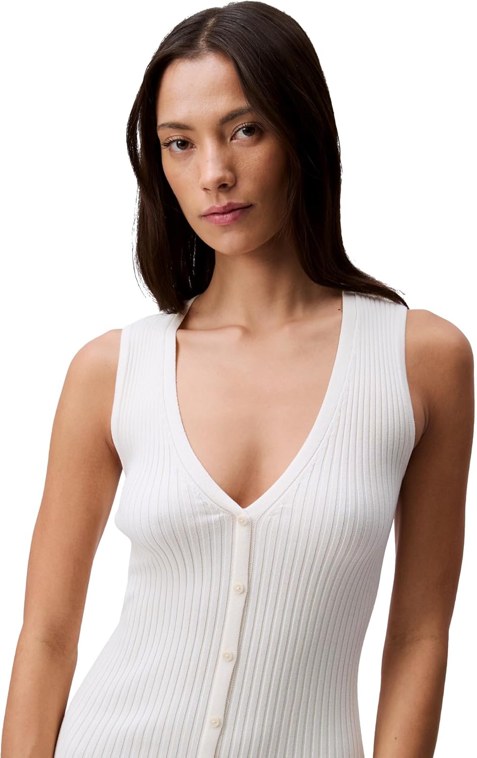 Женское платье-поло Calvin Klein из хлопка в рубчик с V-образным вырезом, Antique White — фото 2