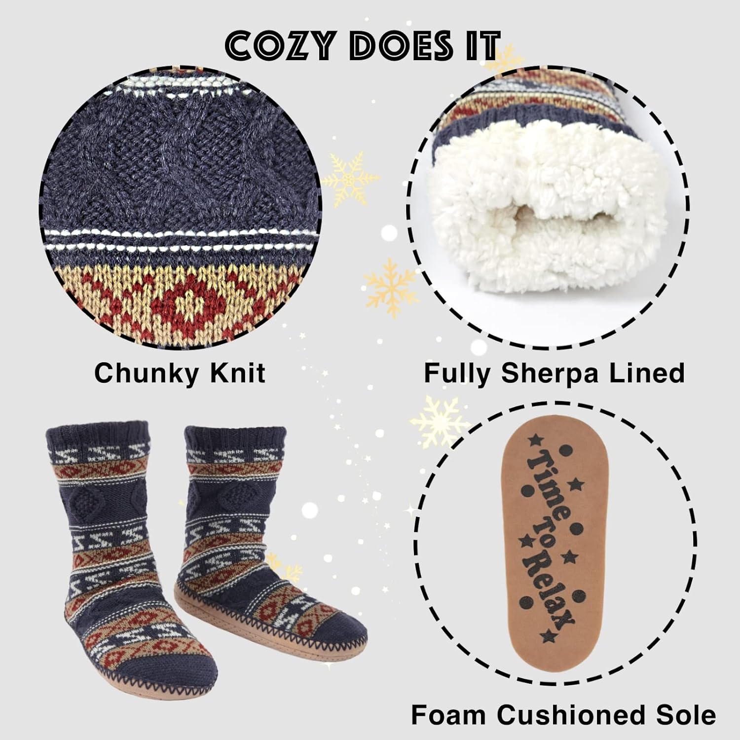 Мужские домашние носки-тапочки Cozylook с флисовой подкладкой, нескользящей подошвой, зимние мягкие толстые теплые тапочки для дома, темно-синий — фото 4